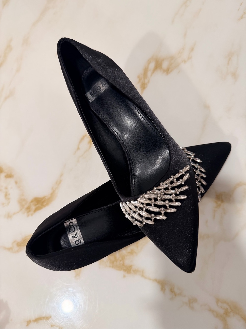 Black Satin Pointed Toe Pumps with Crystal Wing Detail